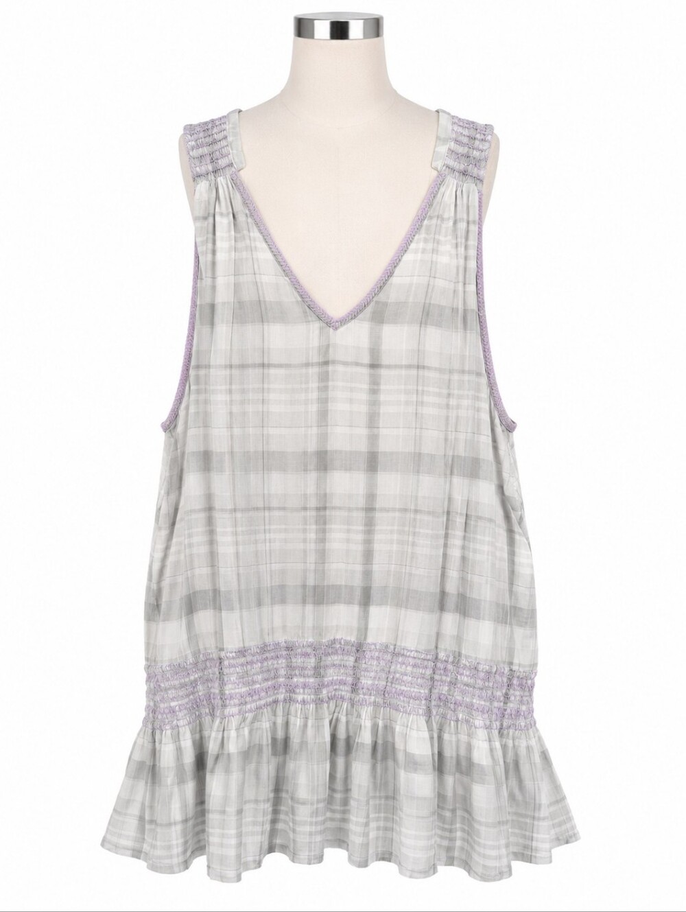 Free People Run With Me Plaid Mini Dress Sz S Grey V-Neck Embroidered Sleeveless